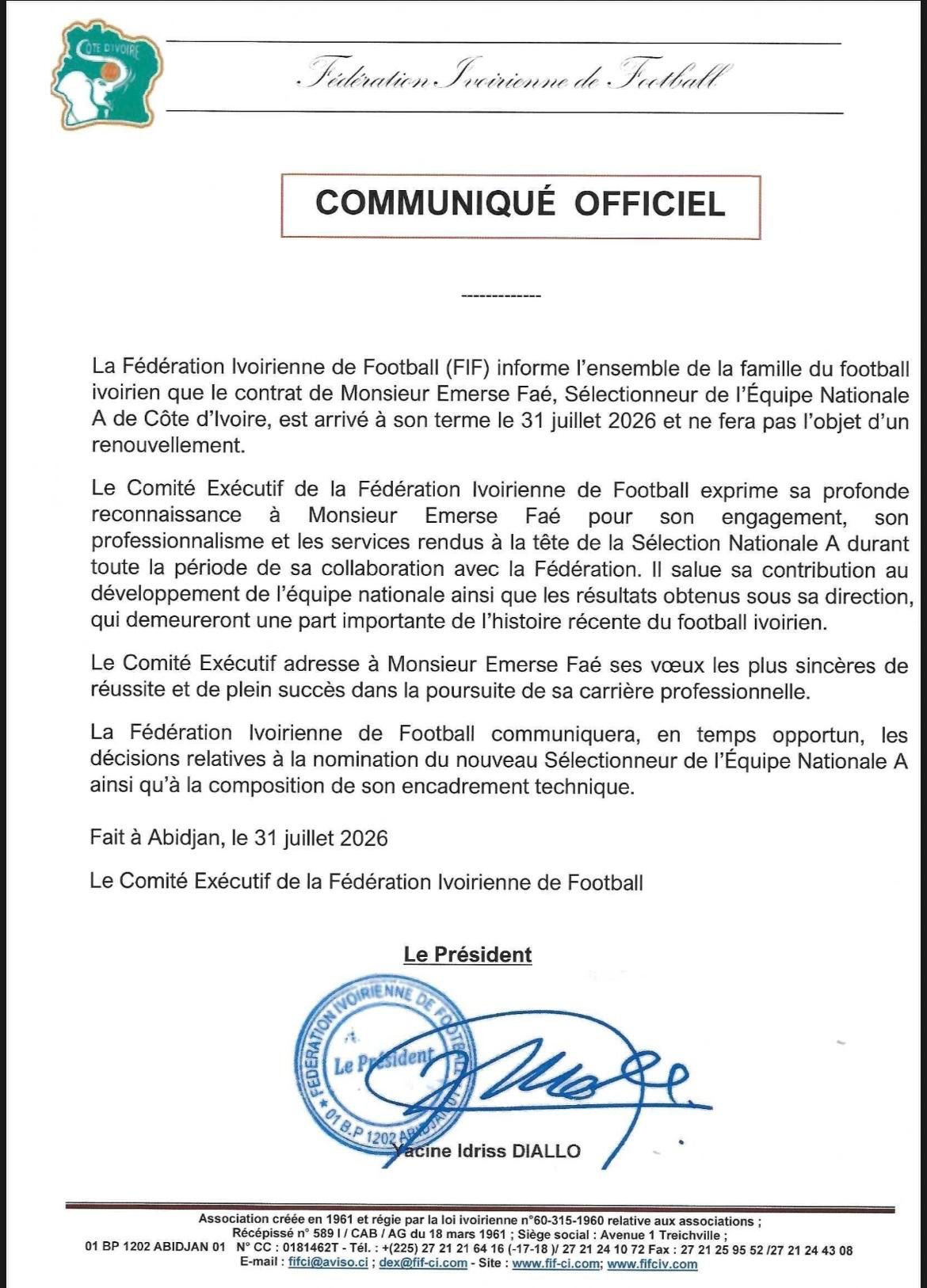 communiqué officiel de la FIF - Faé n'est plus selectionneur des éléphant de côte d'Ivoire au 31 juillet 2026