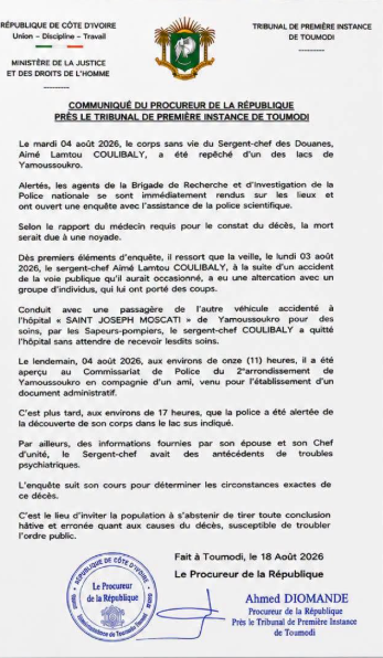 communiqué: noyade du Sergent-chef des Douanes, Aimé Lamtou COULIBALY