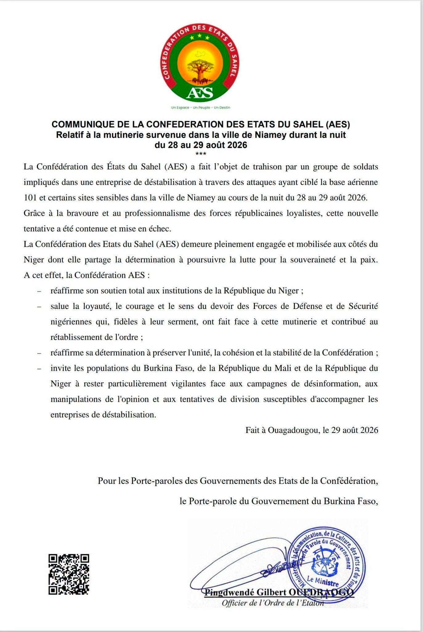 tsf media presse-COMMUNIQUÉ DE LA CONFÉDÉRATION DES ÉTATS DU SAHEL (AES) SUR LA MUTINÉRIE SURVENUE À NIAMEY (RÉPUBLIQUE DU NIGER) DANS LA NUIT DU 28 AU 29 AOÛT 2026