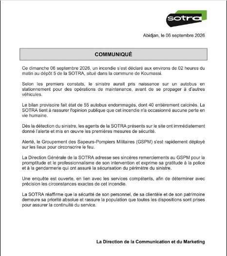 Communiqué de la sotra sur l'INCENDIE AU DEPÔT 5 DE LA SOTRA